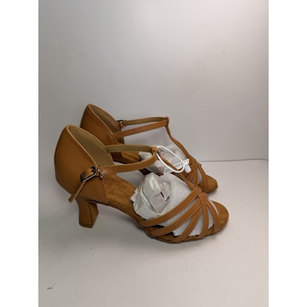 Danceandsway Women's Sz 7-7.5 Brown T-Strap Latin Salsa Dance Shoes Flared Heel